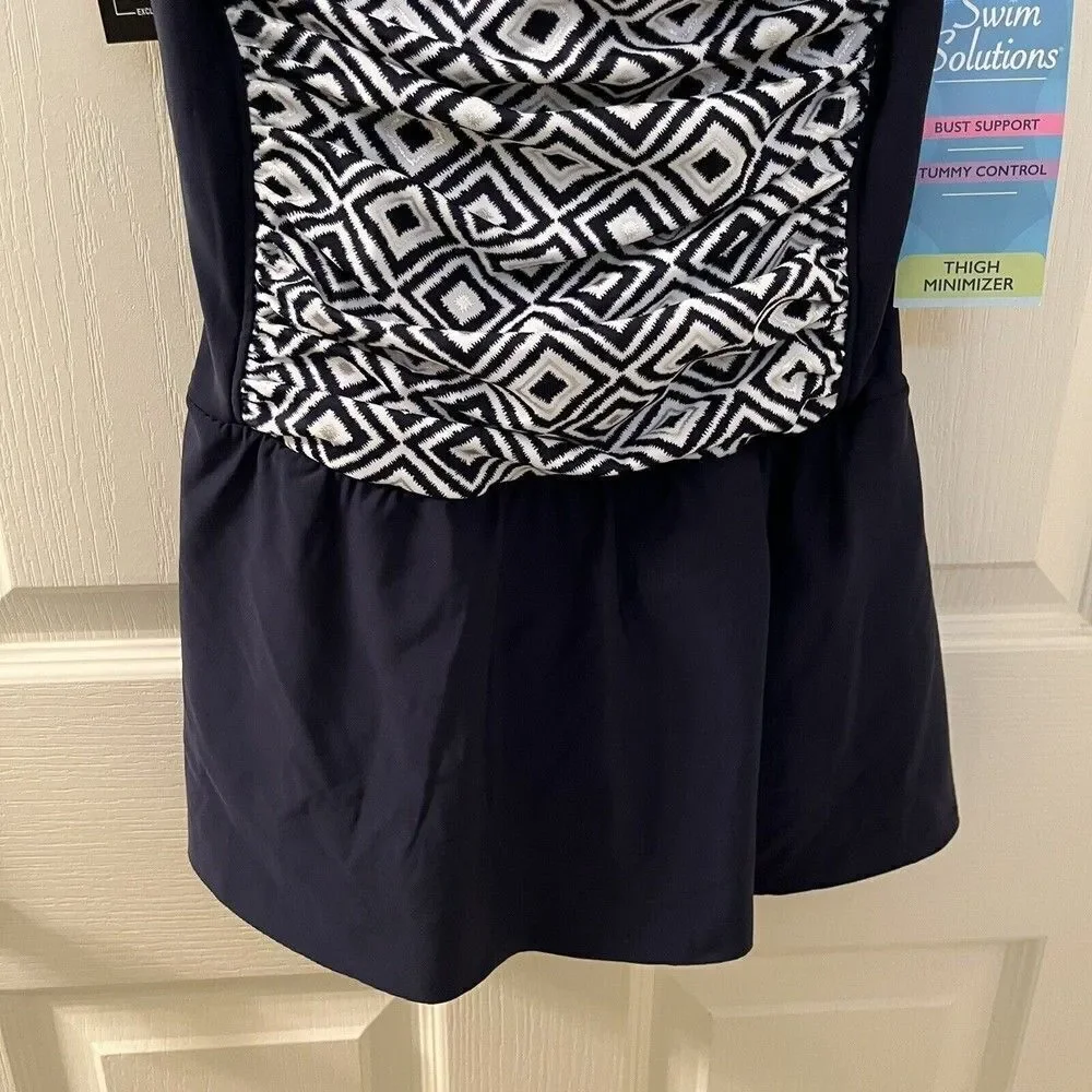 Swim Solutions Skirted Skater Swimsuit Swimdress Navy Blue Women's Size 8 NWT - Picture 4 of 11